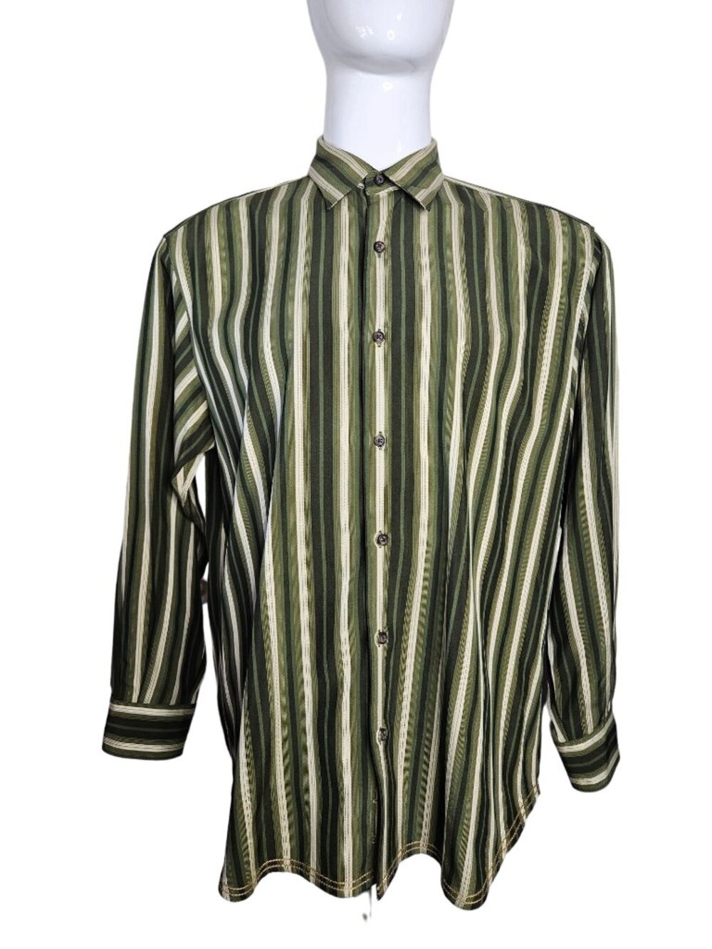 Tommy Bahama Silk/Wool Blend Green Striped Long Sleeve Shirt Men X-Large